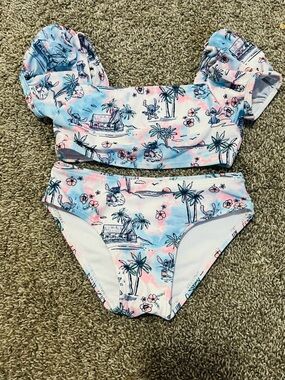Disney Girls Two-Piece Swim Set in Light Blue & Pink Tropical Print